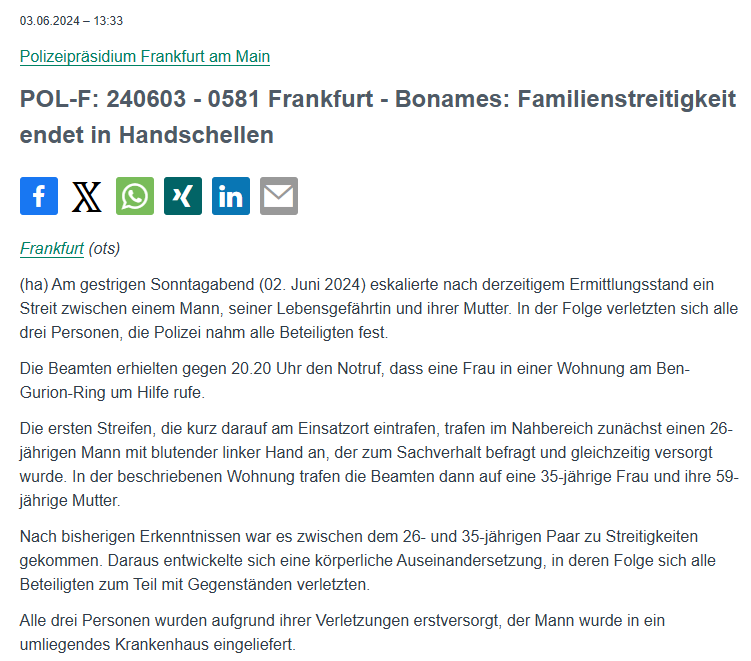 Polizei_Ffm's tweet photo. #Frankfurt #Bonames
Am gestern Abend eskalierte nach derzeitigem Ermittlungsstand ein Streit zwischen einem Mann, seiner Lebensgefährtin und ihrer Mutter. In der Folge verletzten sich alle drei Personen, die Polizei nahm alle Beteiligten fest.
PM: https://t.co/4blMduLXpU https://t.co/wIYOmgbcb7