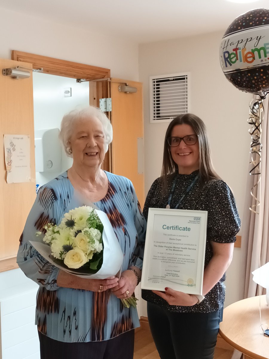 Special thanks Doris, retiring after 15 years volunteering with older people’s mental health services!

Doris was the smiling face on reception, greeting patients &amp; visitors, creating welcome packs, knitting comfort blankets.

Enjoy a happy, healthy retirement!💙#VolunteersWeek