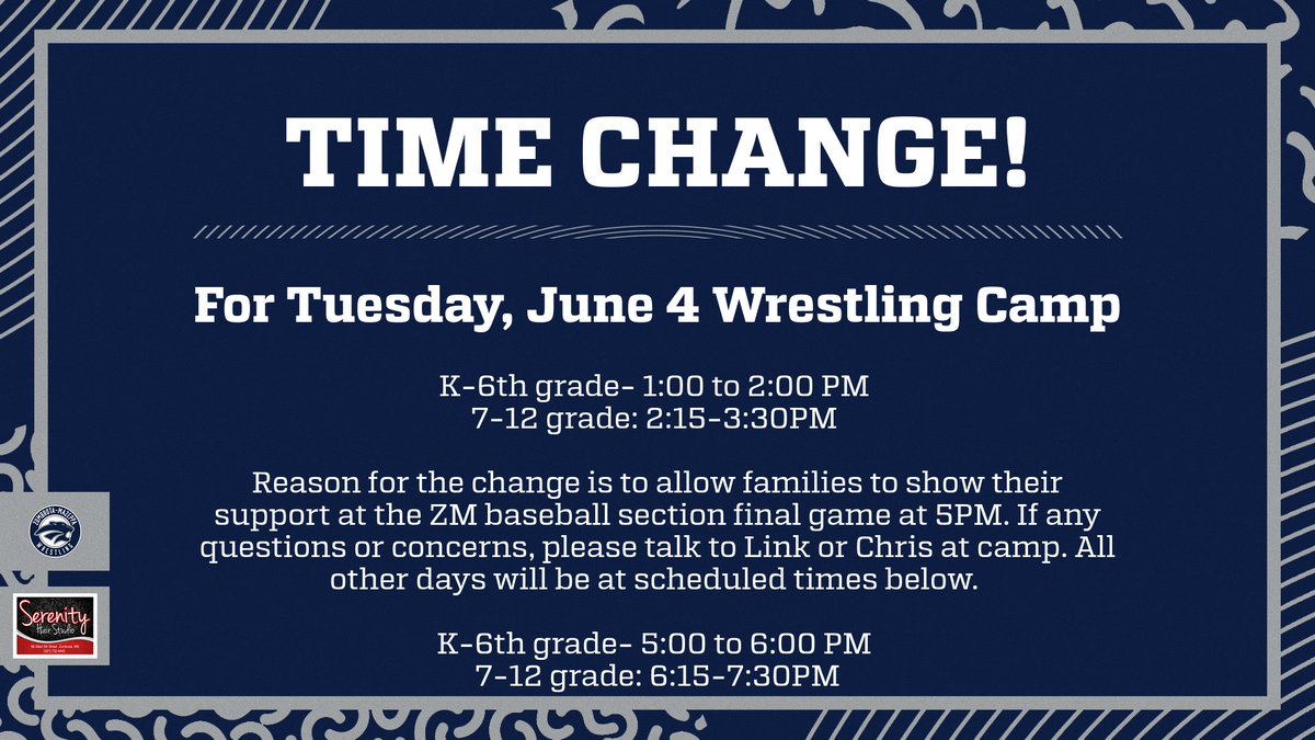 Camp starts tonight! Time change for tomorrow (Tuesday)