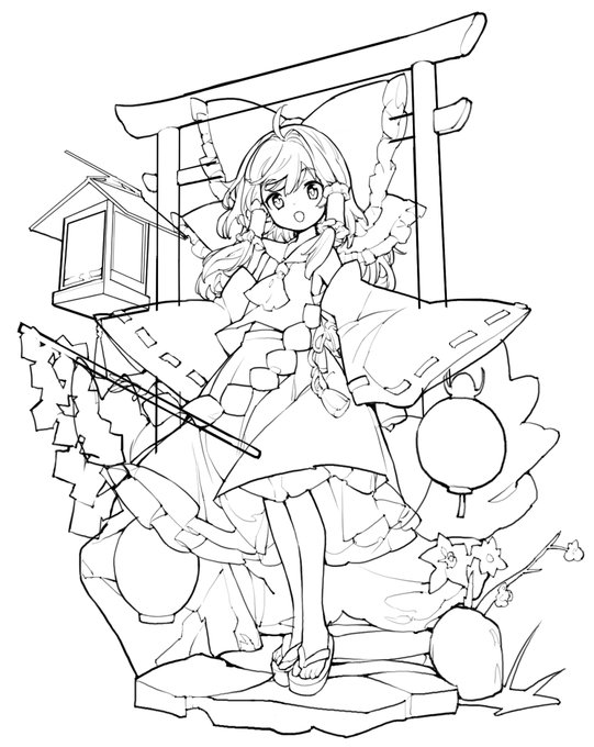 中くらい霊夢立ち絵背景入り線画 