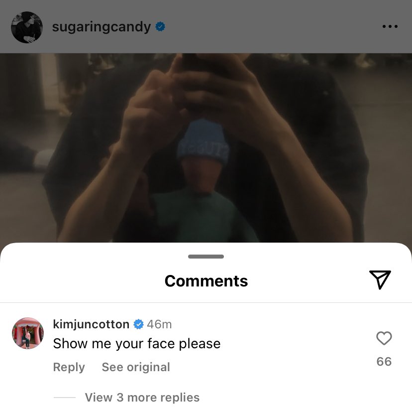 จะรั่ว 55555 แอค sugaringcandy โพสรูปไม่เห็นหน้าตัวเอง 3 โพสติด จนรุ่นพี่ในค่ายอย่างพี่จุนต้องมาคอมเม้นบอกให้โชว์หน้าหน่อย