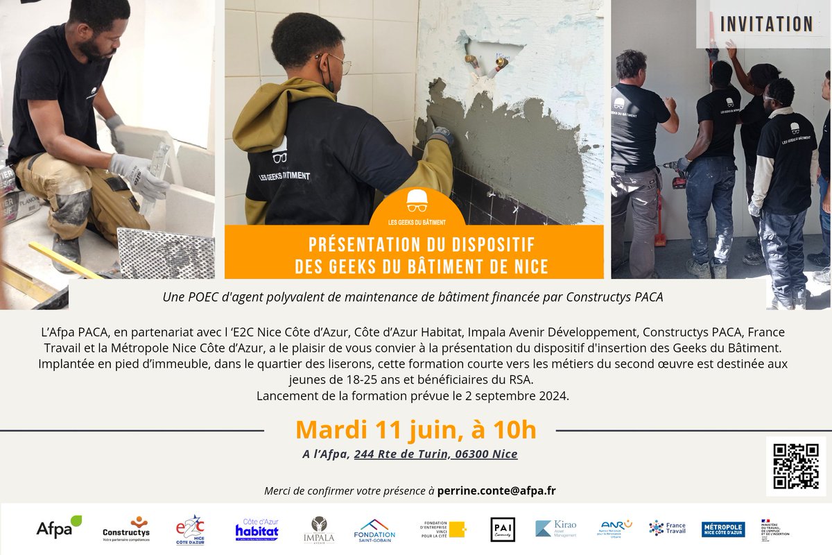 Le 11 juin, venez découvrir la nouvelle #formation des Geeks du Bâtiment de <a href="/VilledeNice/">Ville de Nice</a> avec <a href="/Afpa_Formation/">Afpa</a> #PACA <a href="/AzurHabitat/">Côte d'Azur Habitat</a> <a href="/CorsePaca/">CONSTRUCTYS PACA & Corse</a> <a href="/MetropoleNCA/">Métropole Nice Côte d'Azur</a> 
#Prescripteurs, #entreprise du #Bâtiment, nous vous attendons !
Inscription au perrine.conte@afpa.fr