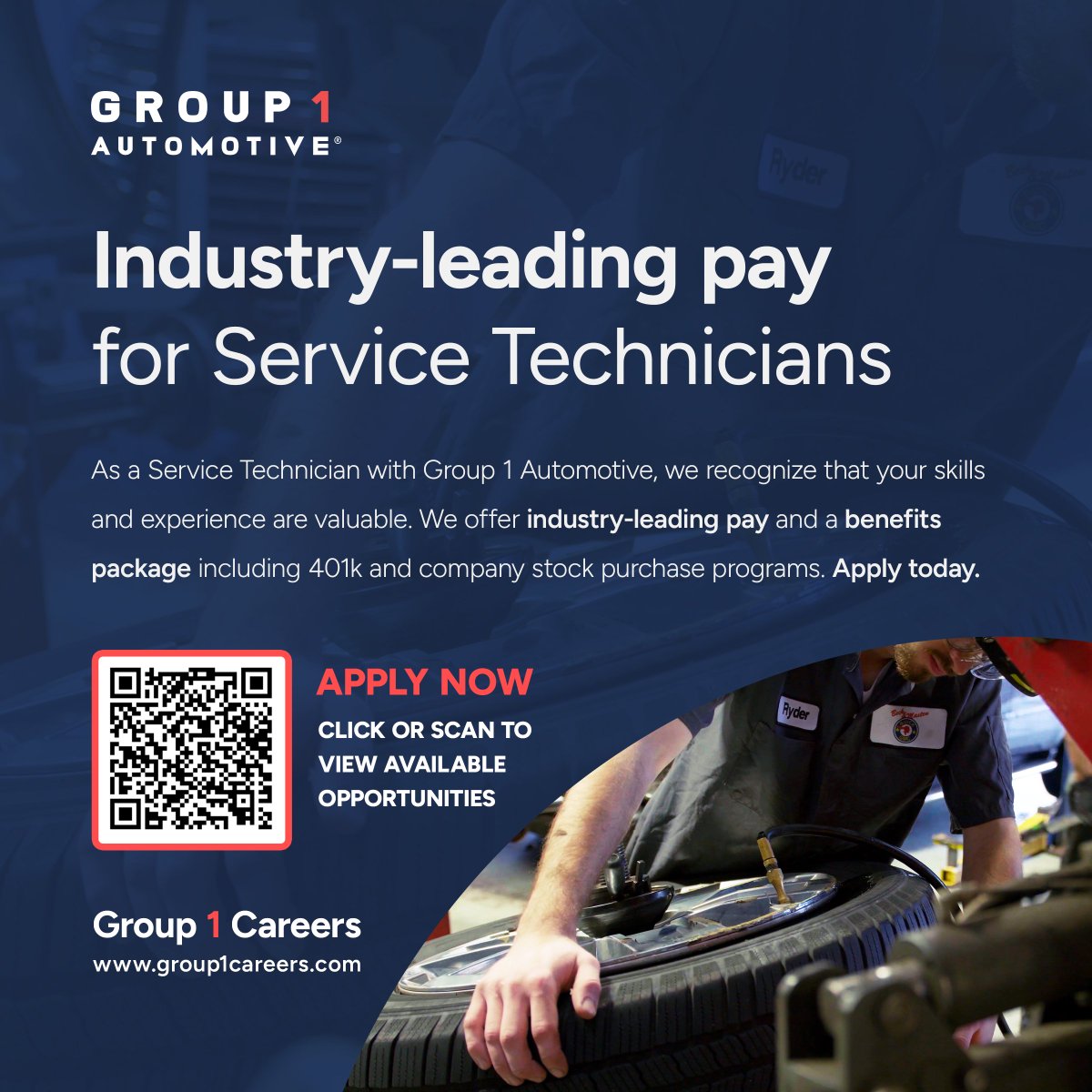 Join Group 1 Automotive as a service technician! With over 150 locations across the country, we provide market-leading pay, flexible 4-day work week schedules, comprehensive benefits, and continuous training and support. Explore job openings near you at group1careers.com
