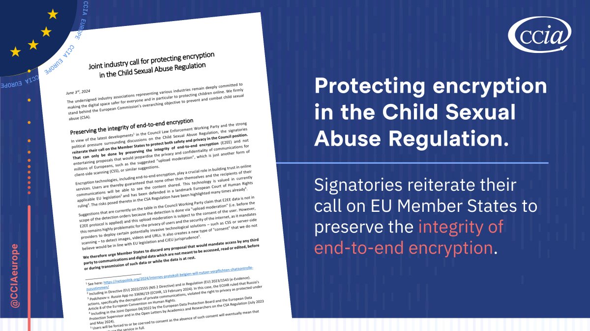 CCIAeurope's tweet photo. #CSAregulation: In a new joint letter, eight industry associations call on EU Member States to reject the latest #CSAR 'compromise' proposal that would directly undermine end-to-end #encryption.

➡️ https://t.co/KSxZS3oQfx

#CSAM #EUvsChildSexualAbuse #ChatControl #Chatkontrolle https://t.co/htBFmKsJvX