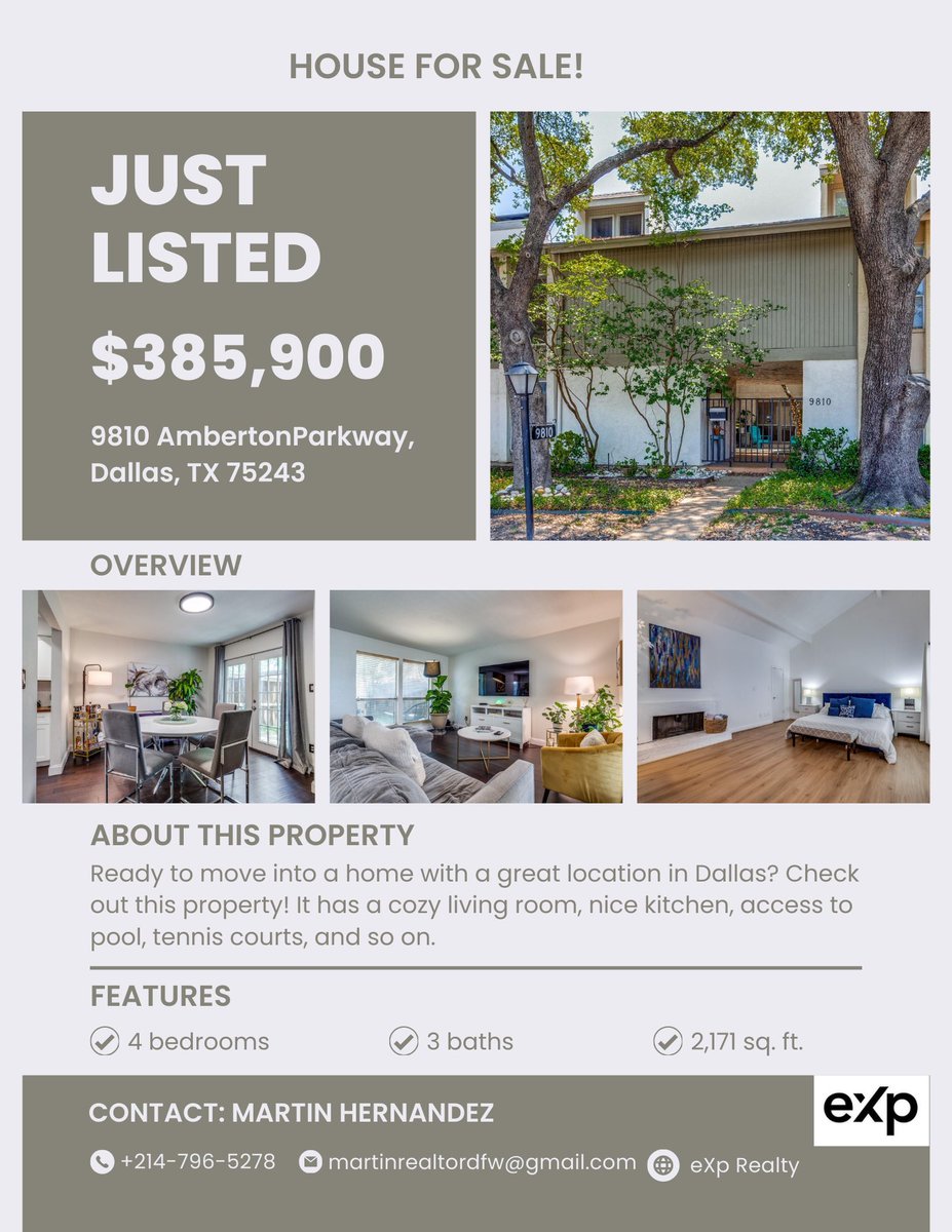 martin_realtor7's tweet photo. 🏡 Exciting New Listing Alert! 🌟 Nestled in the heart of Dallas at 9810 Amberton Parkway, Dallas TX. 75243. This stunning home boasts 4 bedrooms, 3 baths, and 2171 sqft, $385,900. Don't miss out on this incredible opportunity! #DallasRealEstate #DreamHome #NewListing #expagent https://t.co/mhzxIK4I0k