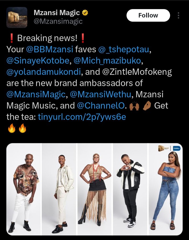 Newstribe_'s tweet image. ‼️Alert ‼️
Makhekhe, Yolanda,Mich,Sinaye and Zee announced as Mzansimagic,Mzansiwethu and Channel O Brand Ambassadors 🔥 🔥 🔥 
#BBmzansi
#BBnaija
#BBTitans