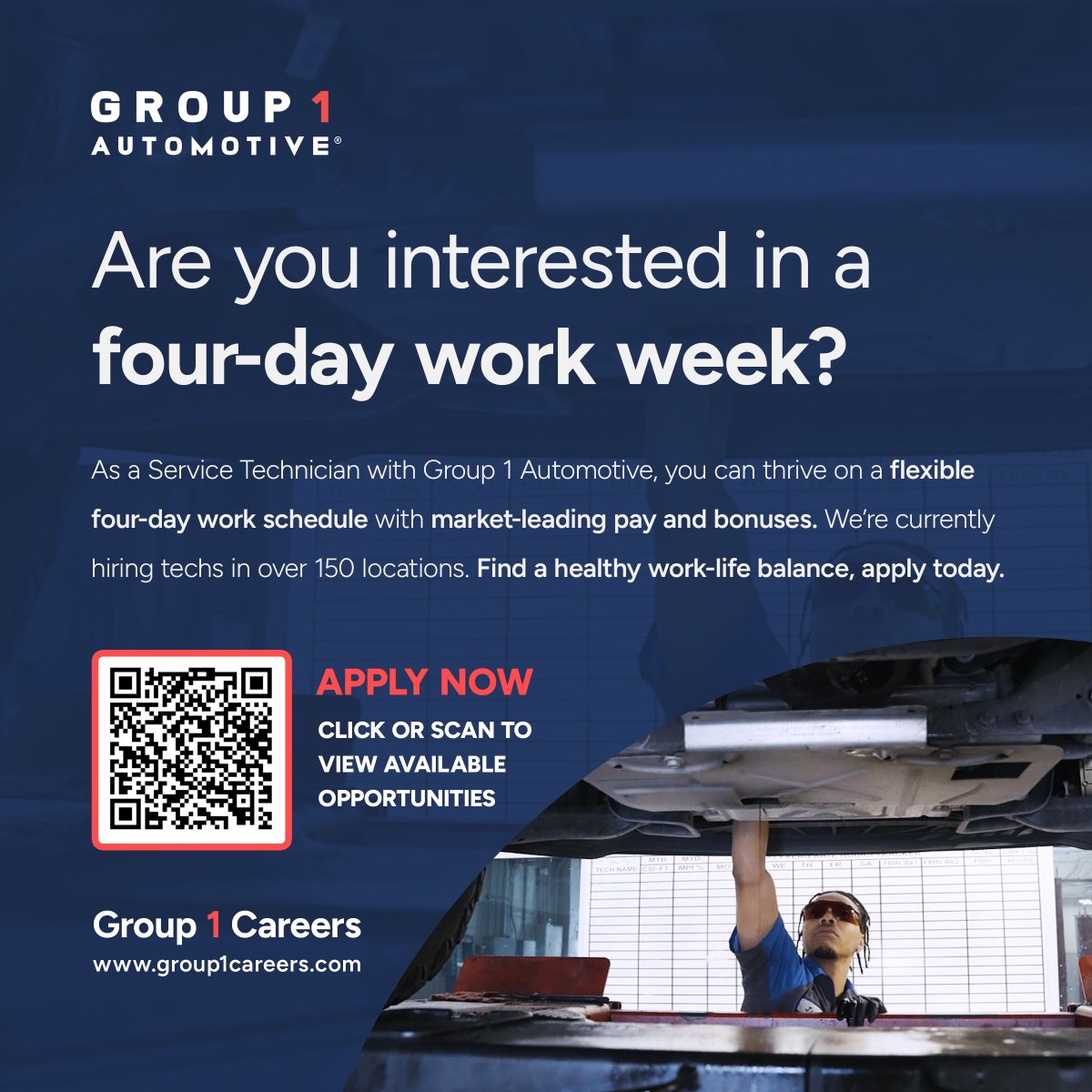 Group 1 Automotive is hiring service technicians in over 150 locations nationwide! We offer market-leading pay, a flexible 4-day work week, excellent benefits, and ongoing training and support. Visit group1careers.com to find available openings near you.