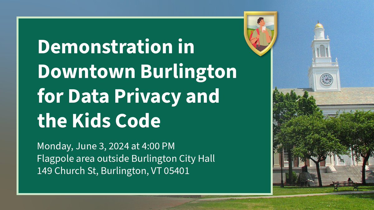 accountabletech's tweet photo. TODAY: Join advocates for data privacy and the #VTKidsCode in downtown Burlington at 4pm to call for urgent action to protect Vermont’s children, teens and privacy online.

Join us to send a strong message to @GovPhilScott to sign H.121 into law: https://t.co/aGqO8quuzc https://t.co/ViXHEROnth