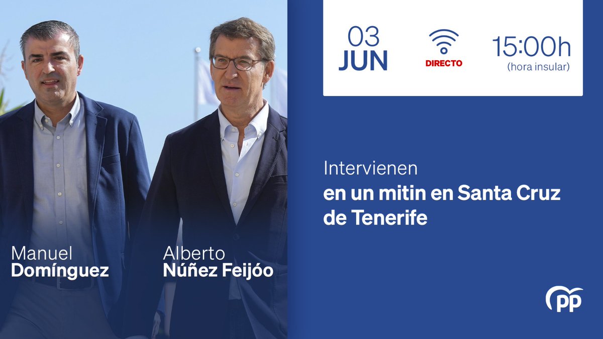 🔵 #ENDIRECTO: @NunezFeijoo y @MDominguez_pp intervienen en un mitin en Santa Cruz de Tenerife. 📡 Síguelo a través del siguiente enlace: youtube.com/live/t1K4MWGwR…