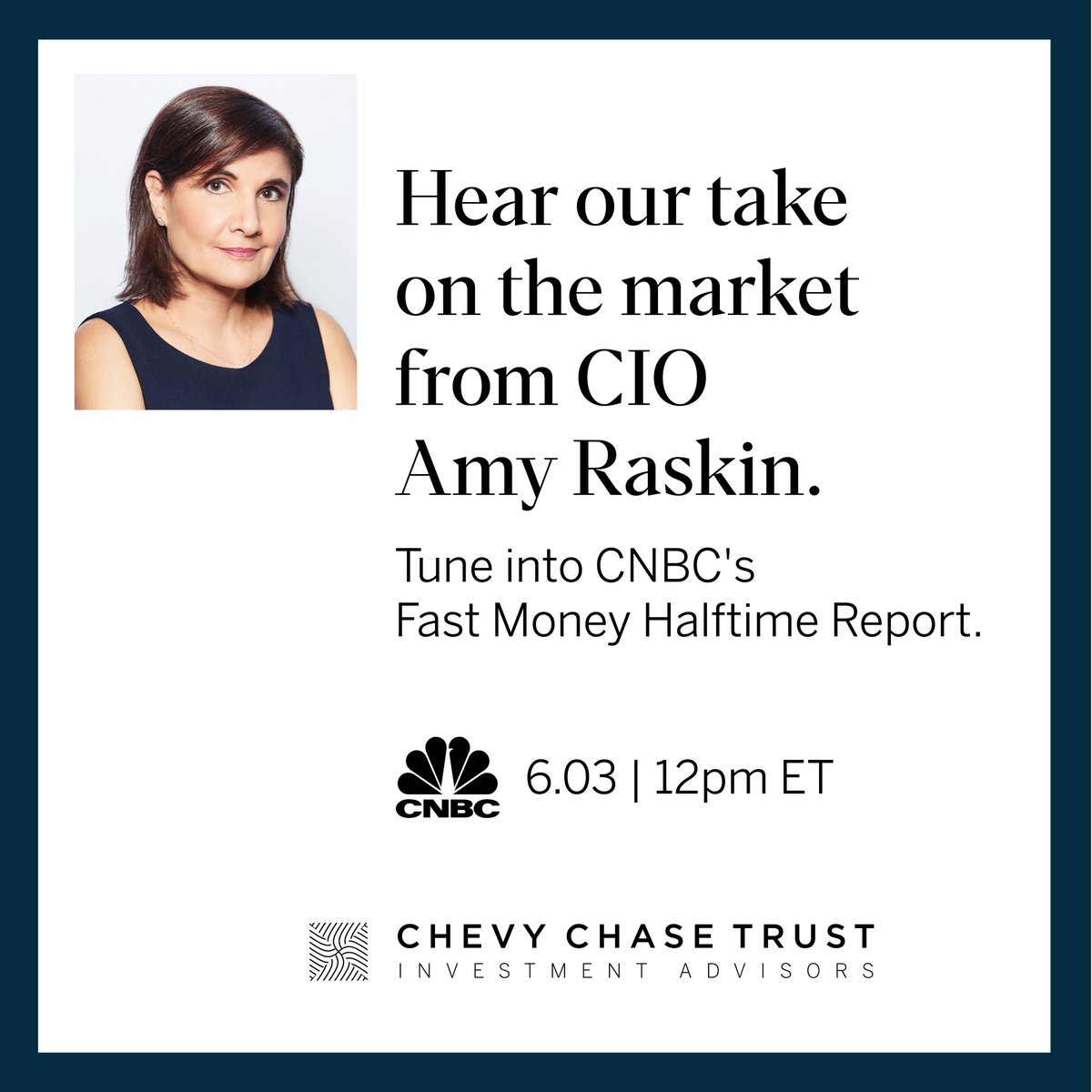 Our Chief Investment Officer Amy Raskin will join <a href="/CNBC/">CNBC</a>’s #HalftimeReport today at 12 p.m. ET. Tune in to hear her latest insights on the financial markets.