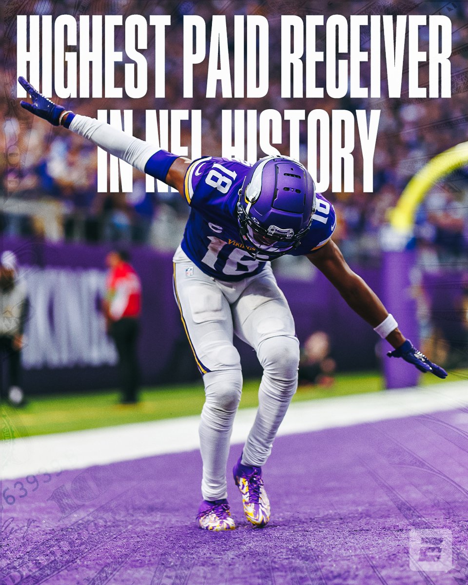 SportsCenter's tweet image. Justin Jefferson is not only the highest-paid WR in NFL history, but the highest-paid non-QB in NFL history, sources tell @AdamSchefter 💰