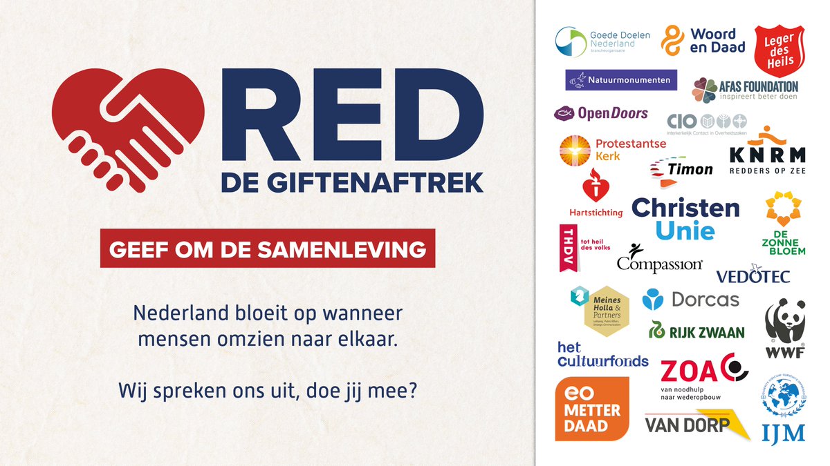 Red de giftenaftrek, geef om de samenleving! 

De aanstaande coalitie zegt een regering te willen vormen die hoop geeft maar met de afschaffing van de giftenaftrek sijpelt de hoop uit de samenleving weg. 

Met een brede coalitie staan wij op. Doe mee! 👉🏻 reddegiftenaftrek.nl