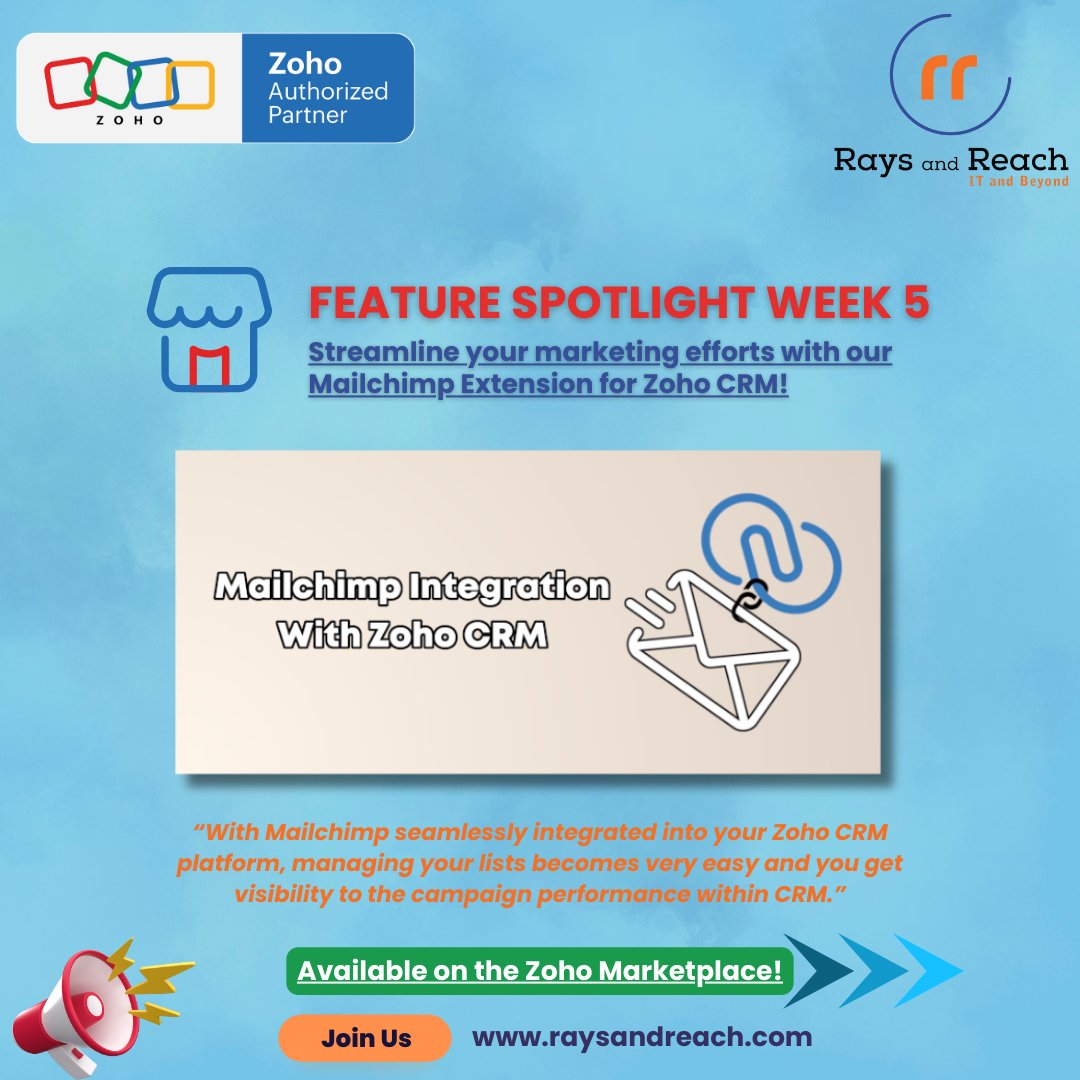 Rays_and_Reach's tweet photo. Week 5 Spotlight Feature Alert!
Let's dive into the power of Detailed Campaign Reports—an invaluable feature of our Mailchimp Extension for @ZohoCRM!
Visit the @ZohoMarketplace to get started with our Extension: https://t.co/8ciH68yrEv
#MailchimpExtension #ZohoCRM #RaysAndReach https://t.co/5v1oEF6HCn
