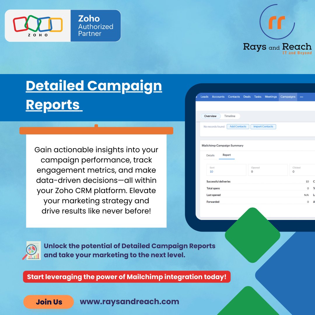 Rays_and_Reach's tweet photo. Week 5 Spotlight Feature Alert!
Let's dive into the power of Detailed Campaign Reports—an invaluable feature of our Mailchimp Extension for @ZohoCRM!
Visit the @ZohoMarketplace to get started with our Extension: https://t.co/8ciH68yrEv
#MailchimpExtension #ZohoCRM #RaysAndReach https://t.co/5v1oEF6HCn