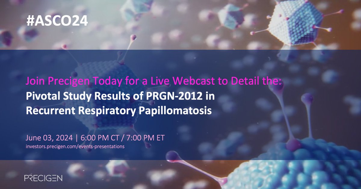 <a href="/Precigen/">Precigen</a> is excited to announce pivotal study results for PRGN-2012 in RRP presented today in a late-breaking oral presentation at #ASCO24. Join us today for a live webcast with Precigen executives and study lead investigators. View data: bit.ly/3VqqRrV
