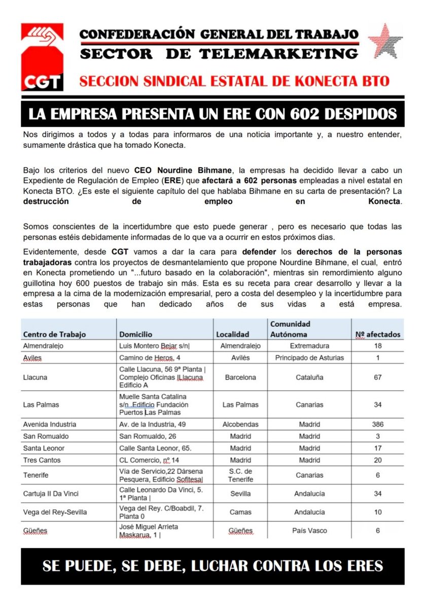 🤬 Nuevo golpe al sector: <a href="/gkonecta/">Konecta</a> presenta un ERE con 602 compañerxs afectadxs‼️

📢 SE PUEDE, SE DEBE, LUCHAR CONTRA LOS ERES‼️

#LaLuchaEsElUnicoCamino