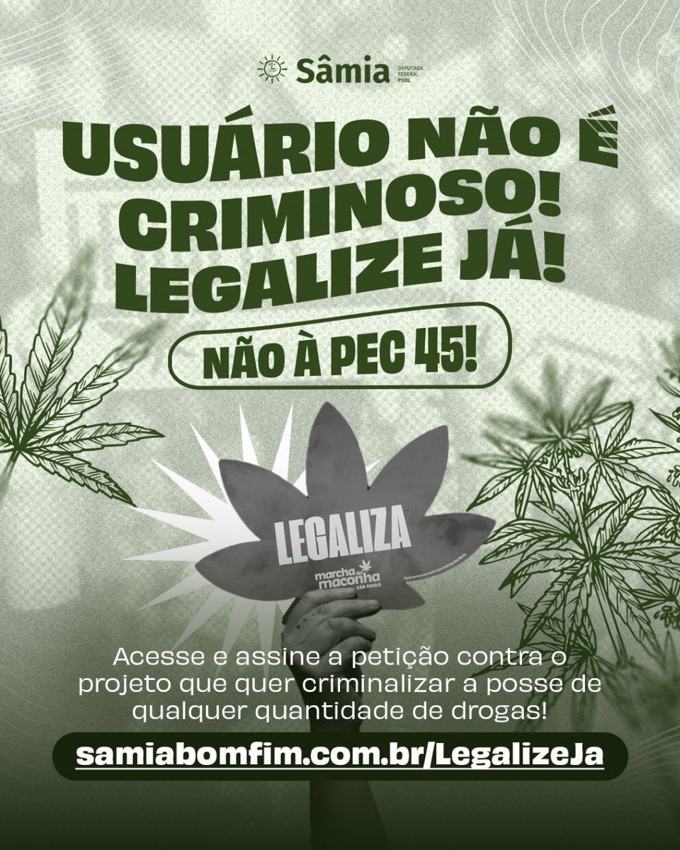 samiabomfim's tweet photo. ATENÇÃO!

O bolsonarismo quer votar na Câmara uma PEC que criminaliza a posse de qualquer quantidade de drogas. Querem igualar usuários a traficantes, avançar no encarceramento em massa, e destruir a política de saúde e redução de danos!

Pressione contra: https://t.co/uXYrf438l0 https://t.co/XwKtQWitzC