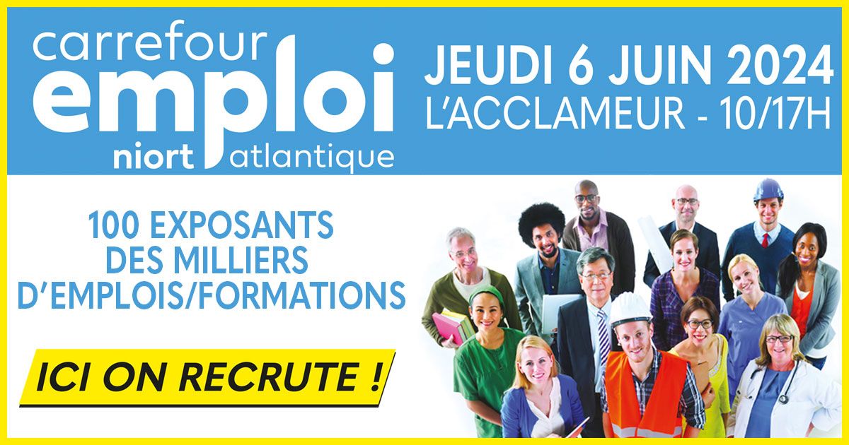 💡En recherche d'un emploi, d'un apprentissage, d'un stage ou d'une mobilité professionnelle ? 
Ici, on recrute ! Venez nous rencontrer jeudi 6 juin au "Carrefour Emploi" à Niort toute la journée. 👋
