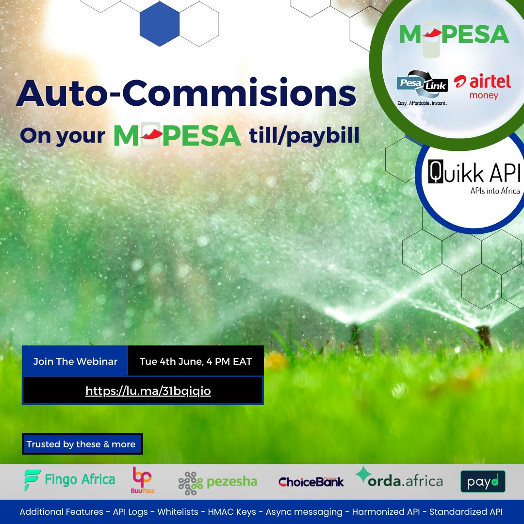 quikk_api's tweet photo. We (Quikk API) are hosting a webinar for devs/PMs/Finance to set up Auto Commissions on Mpesa, Pesalink &amp; Airtel APIs. 

Companies in fintech, e-commerce, insure-tech, and agri-tech can build faster, cheaper &amp; better using Quikk API. 

Want to join? RSVP
https://t.co/oZ8h49901z https://t.co/VL2eE2nSxW