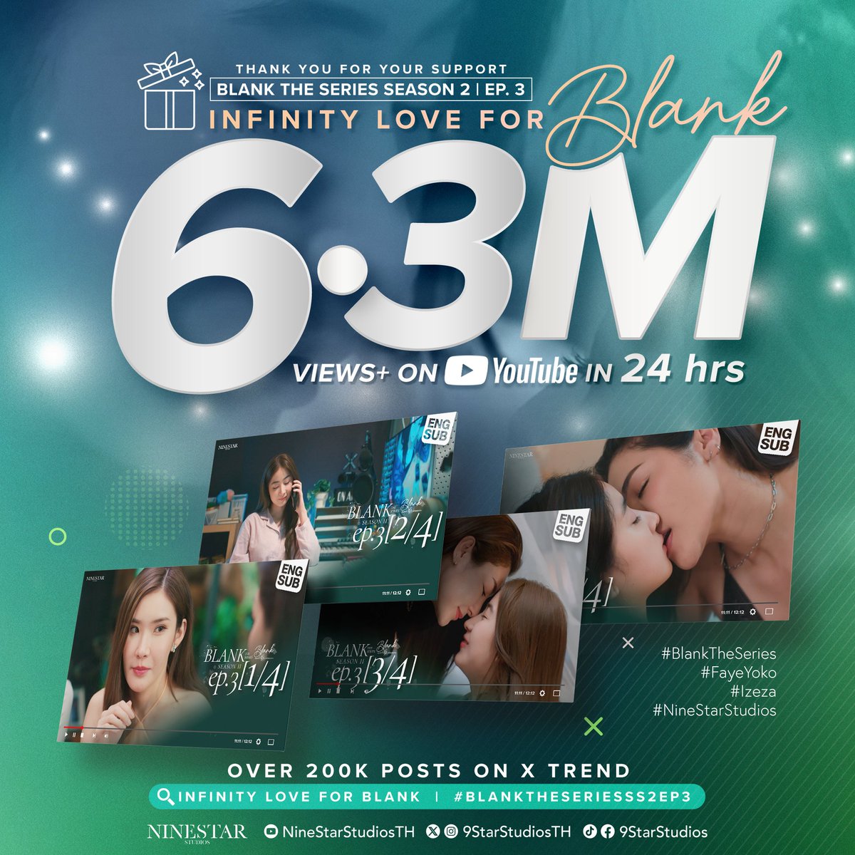 NineStarStudios's tweet image. Thank you for your infinity♾️ love and support for Blank the series SS2 EP3 Total 6.3M views in 24hr. 🫶

ขอบคุณสำหรับทุกความรักและการซัพพอร์ท Blank the series SS2 EP3 นะคะ กับยอดวิว 6.3M ใน 24 ชม. ✨️💚🤍

พบกับตอนต่อไปวันเสาร์ค่ะ 🧡🤍
See you next Saturday…