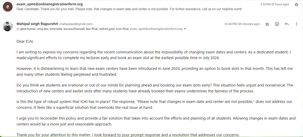 MahipalasdMahi's tweet photo. @ruwatiaofficial @ruwatiaofficial Do you think we students are irrational for compling lec early to book July exam slots? Now yousuddenly introduce new centers in June - Chennai with new slots! What kind of system is this? How is this fair? Saying "changes in exam date and center is not possible" https://t.co/j90YsZfrh3