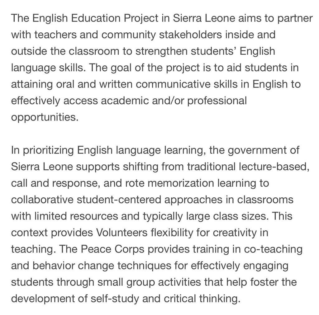 Today, we’d like to highlight the PRIMARY EDUCATION ENGLISH TEACHER position with @peacecorpssierraleone. Apply today; it will be your best decision yet! #SierraLeone is the better place to serve in #PeaceCorps! Link to this position and application is peacecorps.gov/volunteer/volu…