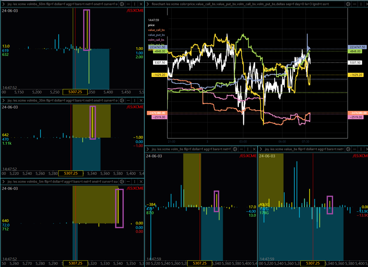 #ES_F   #NQ_F  #SPX  #TN_F  #DXY #GC_F #BTC #NVDA  #GLD  #SLV
Predictive Analytic Models (PAM)
Robert P. Balan
Jun 3, 2024 2:50 PM (Swiss)

ESM24 (now 5307.25) -- Wowzer! The large Call Sells at 5345 disappeared, and were replaced instead by similarly large Call Buys at 5340