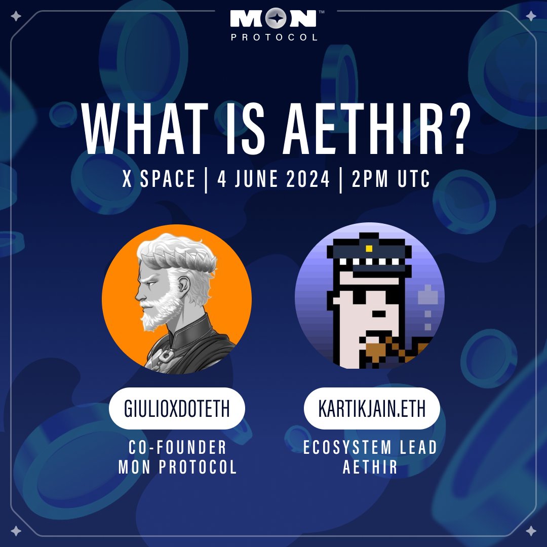 MON Protocol π $MON (@monprotocol) on Twitter photo WHAT IS AETHIR?
Join <a href="/GiulioXdotEth/">GiulioXπ $MONπΊ</a> MON Protocol Co-Founder and @JainKartik33 Ecosystem Lead of Aethir tomorrow to find out more.
Tuesday / 4 June 2024 / 2pm UTC / 10pm GMT +8
Set your reminder below ‡οΈ
MON Protocol Launchpool (BETA) - Aethir ($ATH)
MON Stakers will be able WHAT IS AETHIR?
Join <a href="/GiulioXdotEth/">GiulioXπ $MONπΊ</a> MON Protocol Co-Founder and @JainKartik33 Ecosystem Lead of Aethir tomorrow to find out more.
Tuesday / 4 June 2024 / 2pm UTC / 10pm GMT +8
Set your reminder below ‡οΈ
MON Protocol Launchpool (BETA) - Aethir ($ATH)
MON Stakers will be able