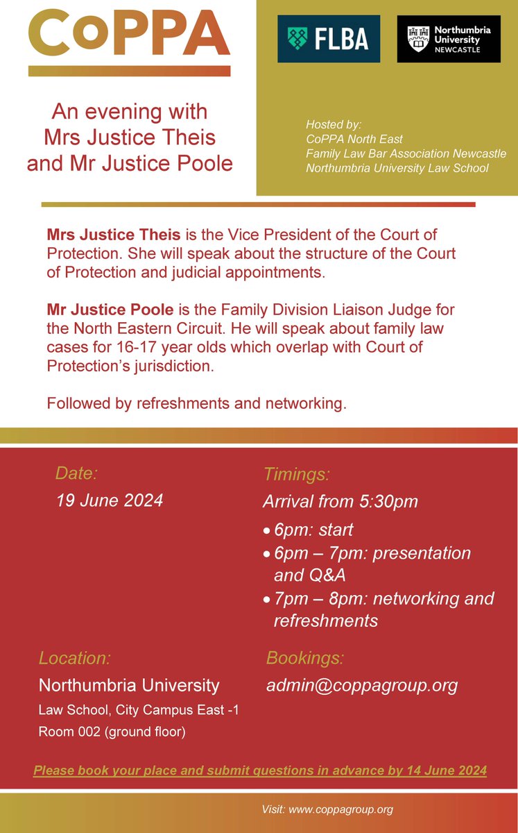 CoPPA North East (@northeastcoppa) on Twitter photo 📢*Upcoming Event*📢19th June from 5:30pm <a href="/NorthumbriaLaw/">Northumbria Law School</a>: an evening with Justice Theis and Poole 👇- for bookings contact admin@coppagroup.org
Hope to see you there! #COP #courtofprotection #CoPPA 📢*Upcoming Event*📢19th June from 5:30pm <a href="/NorthumbriaLaw/">Northumbria Law School</a>: an evening with Justice Theis and Poole 👇- for bookings contact admin@coppagroup.org
Hope to see you there! #COP #courtofprotection #CoPPA