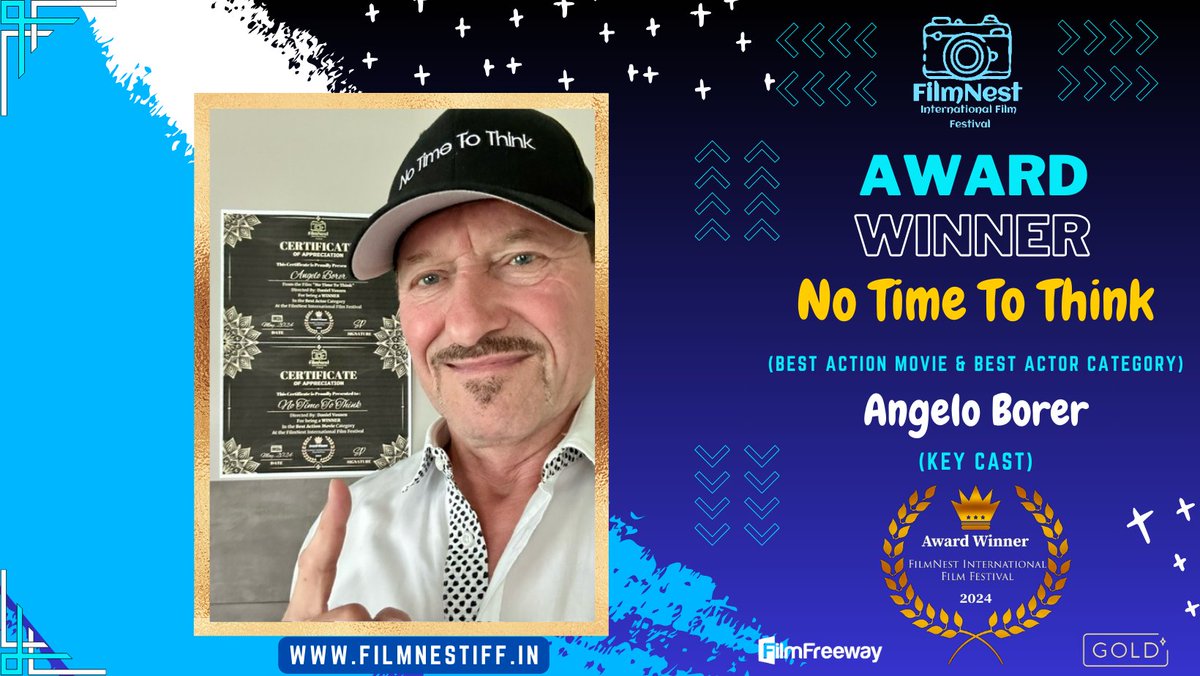FilmnestF's tweet photo. 📢 Proudly Presenting Actor 𝗔𝗻𝗴𝗲𝗹𝗼 𝗕𝗼𝗿𝗲𝗿 with the Certificate for Best Actor &amp; Best Action Movie (Winner) for their excellent film "𝗡𝗼 𝗧𝗶𝗺𝗲 𝗧𝗼 𝗧𝗵𝗶𝗻𝗸".
We wish you all the best in your future endeavours! 💐
Directed by - Daniel Vossen
#NoTimeToThink #Winner https://t.co/4wYHccBdeN