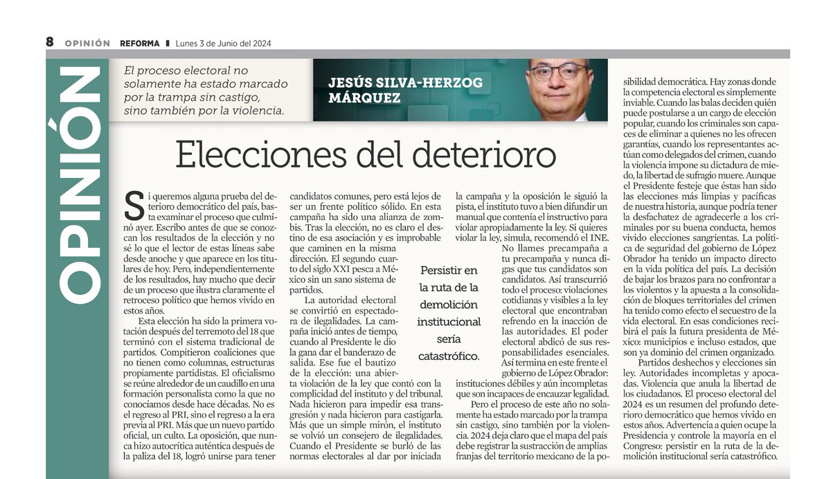 “Partidos deshechos y elecciones sin ley. Autoridades incompletas y apocadas. Violencia que anula la libertad de los ciudadanos. El proceso electoral del 2024 es un resumen del profundo deterioro democrático que hemos vivido en estos años”

Aquí va el artículo de <a href="/jshm00/">Jesús Silva-Herzog M</a> de hoy