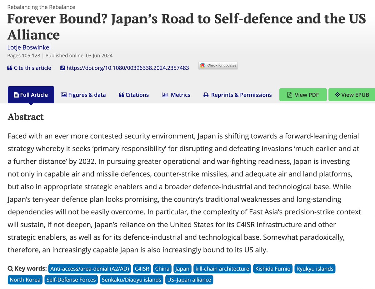 Lotje Boswinkel (@lotjeboswinkel) on Twitter photo Could not be more excited to be included in the latest <a href="/SurvivalEditors/">Survival: Global Politics and Strategy</a> issue with my article 'Forever Bound? Japan’s Road to Self-defence and the US Alliance' exploring the promises of Tokyo's defence reform:
➡️tandfonline.com/doi/full/10.10… Could not be more excited to be included in the latest <a href="/SurvivalEditors/">Survival: Global Politics and Strategy</a> issue with my article 'Forever Bound? Japan’s Road to Self-defence and the US Alliance' exploring the promises of Tokyo's defence reform:
➡️tandfonline.com/doi/full/10.10…