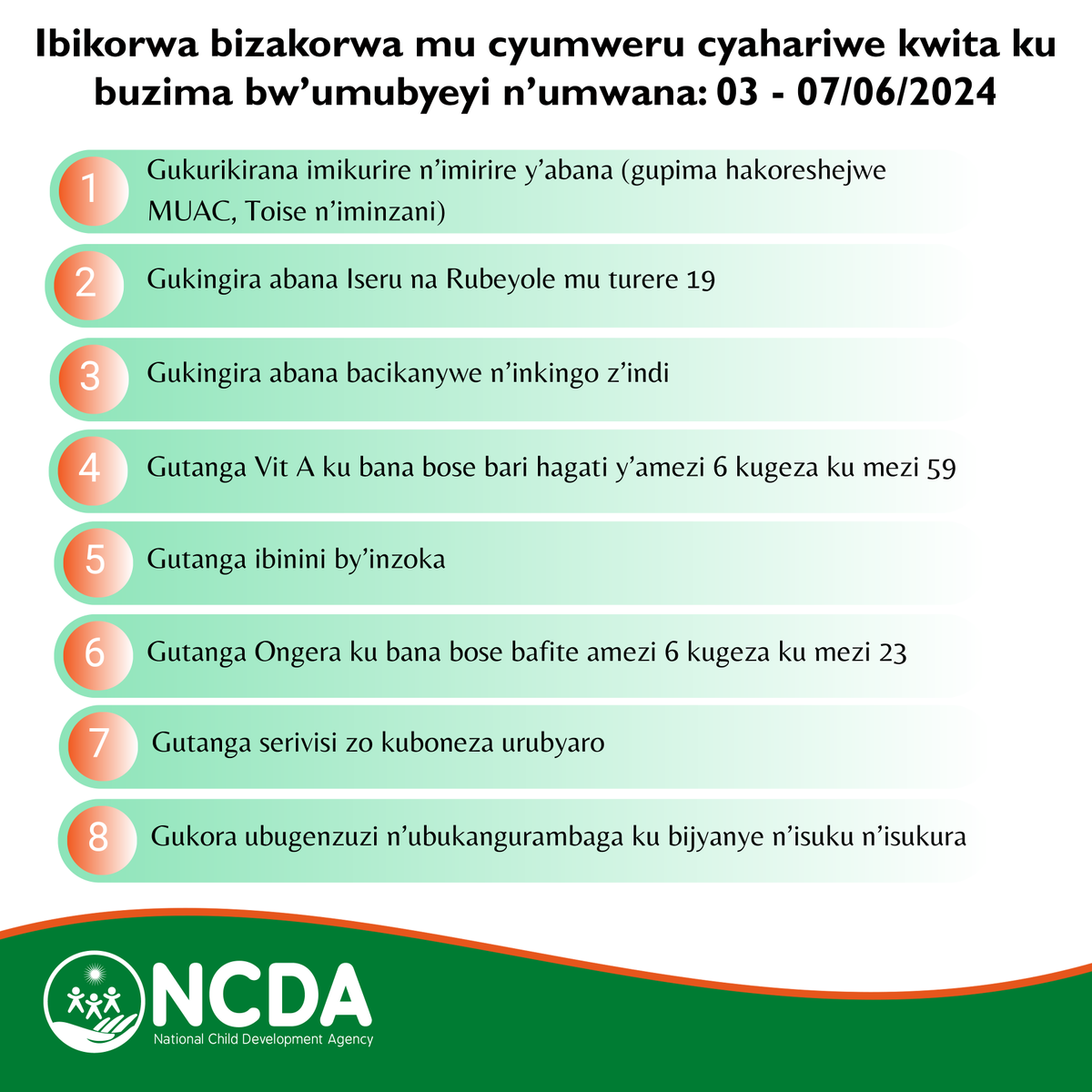 Rwanda_Child's tweet photo. Menya ibikorwa by’ingenzi bizakorwa mu cyumweru cyahariwe kwita ku buzima bw’umubyeyi n’umwana cyatangiye tariki ya 03 Kamena 2024.

Insanganyamatsiko: Hehe n’Igwingira ry’Umwana: Twite ku buzima bw’umubyeyi utwite n’umwana, imirire n’isuku, dukingize abana inkingo zose.
#MCHWeek https://t.co/gzEH23CLrP