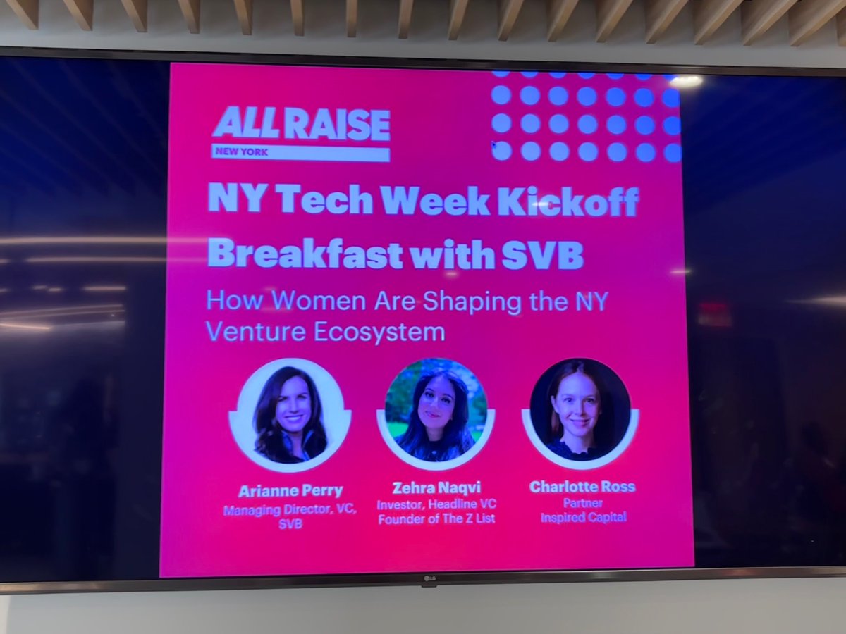 avantikaVC's tweet photo. @AllRaise  and @SiliconVlyBank  first event of @NYTechWeek. “New York is a great place to build with $20-$50 Billion” @ArianneCPerry. “Best way to start your day is with a group of women” @zehranaqvi   “No women partners when I came into VC” Charlotte Ross @InspiredCap https://t.co/1iQogKkAYT