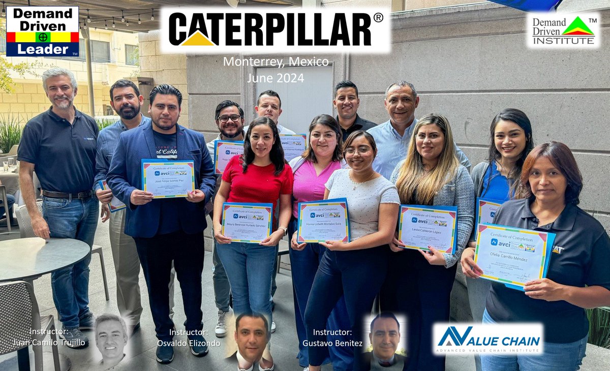 ddinstitute's tweet image. Juan Camilo Trujillo Cadavid, Gustavo Benítez Cárdenas  and Osvaldo Adrián Elizondo Venegas facilitate a Demand Driven Leader (DDL) program for @CaterpillarInc personnel in Monterrey, Mexico. #ddlp #demanddriven #thoughtware #supplychainresilience #ddom #ddmrp