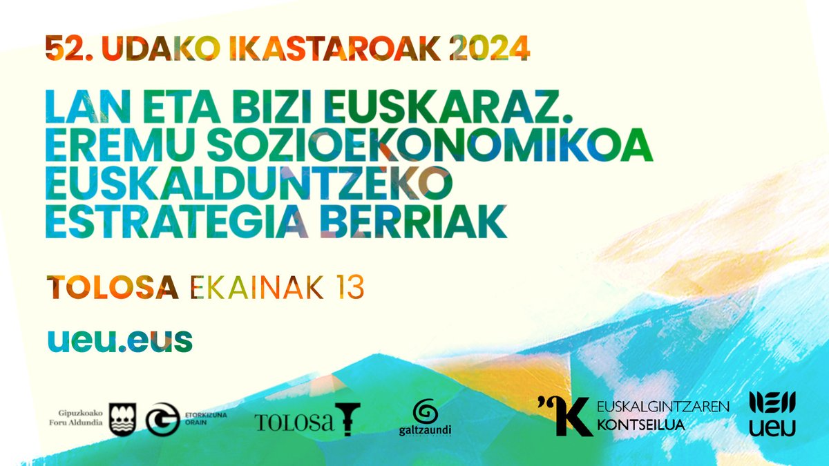 #UI52 Lan eta bizi euskaraz. Eremu sozioekonomikoa euskalduntzeko estrategia berriak arnasguneetatik. @kontseilua @galtzaundi #ElkarEkin 🗓️Ekainaren 13a 📍Tolosa - Kultur Etxea ⏰9:00-16:30 Izena emateko epea zabalik --> ueu.eus/jarduera-akade… @tolosaudala @Gipuzkoa