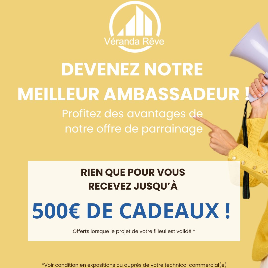 VerandaReve's tweet image. ❓Connaissez-vous notre offre parrainage ❓

Devenez notre Meilleur Ambassadeur et recevez jusqu’à 𝟓𝟎𝟎€ 𝐝𝐞 𝐜𝐚𝐝𝐞𝐚𝐮𝐱* !

#VerandaReve #DevenezAmbassadeur #ProgrammeParrainage #AmbassadeurDeMarque #Etalans #Botans