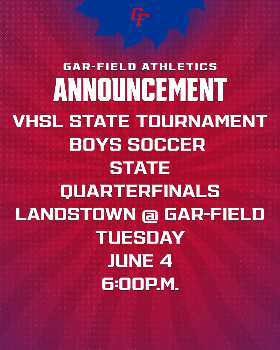 Gar-Field Boys Soccer will host Landstown in the VHSL State Tournament Tuesday night at 6:00p.m. at Gar-Field. Online tickets only gofan.co/event/1534472?…