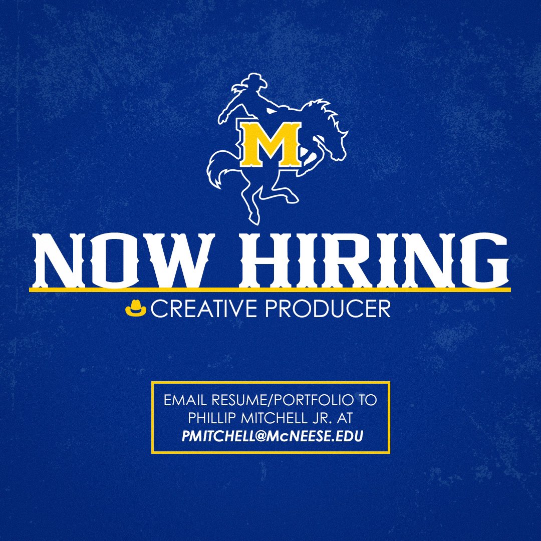 Come join the <a href="/McNeeseSports/">McNeese Athletics</a> creative staff! 

We’re looking to hire a Creative Producer.  This position will be heavy on 𝐠𝐫𝐚𝐩𝐡𝐢𝐜 𝐝𝐞𝐬𝐢𝐠𝐧 &amp; 𝐩𝐡𝐨𝐭𝐨𝐠𝐫𝐚𝐩𝐡𝐲.

Email me at pmitchell@mcneese.edu for more info! #GeauxPokes