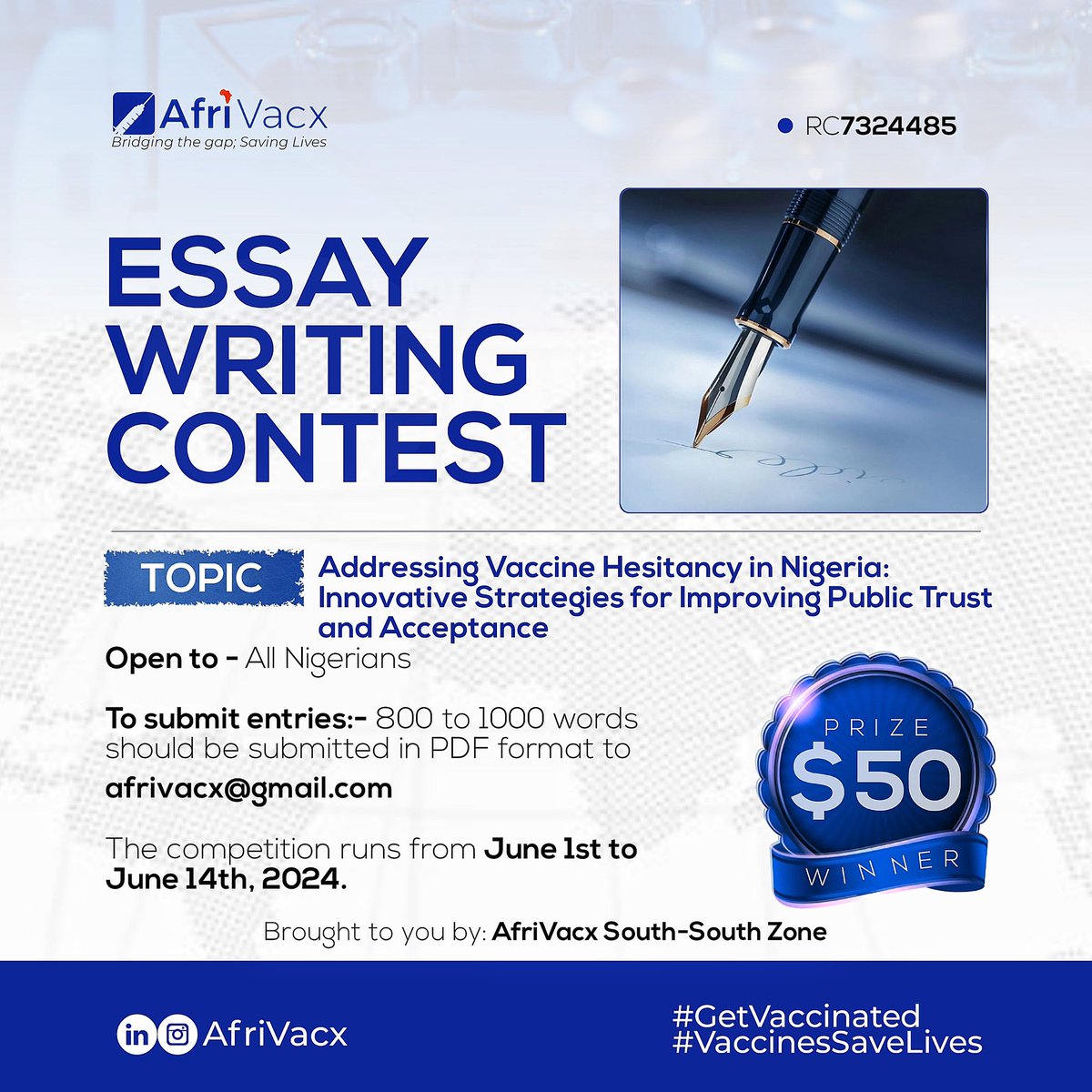 Afrivacx's tweet photo. AfriVacx is hosting an essay contest to find the brightest minds tackling #vaccine hesitancy in Nigeria.

Topic: Addressing Vaccine Hesitancy in Nigeria: innovative strategies for improving public trust and acceptance 

Let's champion public health awareness together!

Retweet! https://t.co/hZwYUyNv9X