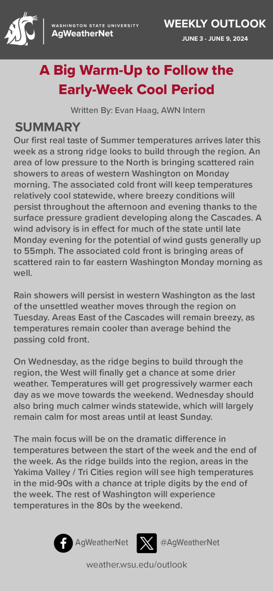 AgWeatherNet's tweet photo. You might've noticed a new name next to the AWN Weekly Outlook last week. Our summer intern @evan_haag will be taking over forecasting duties for the next few weeks. This week's write up starts cool and windy but hints at some triple digits by the weekend #wawx #agwx https://t.co/qsvzON6M8c
