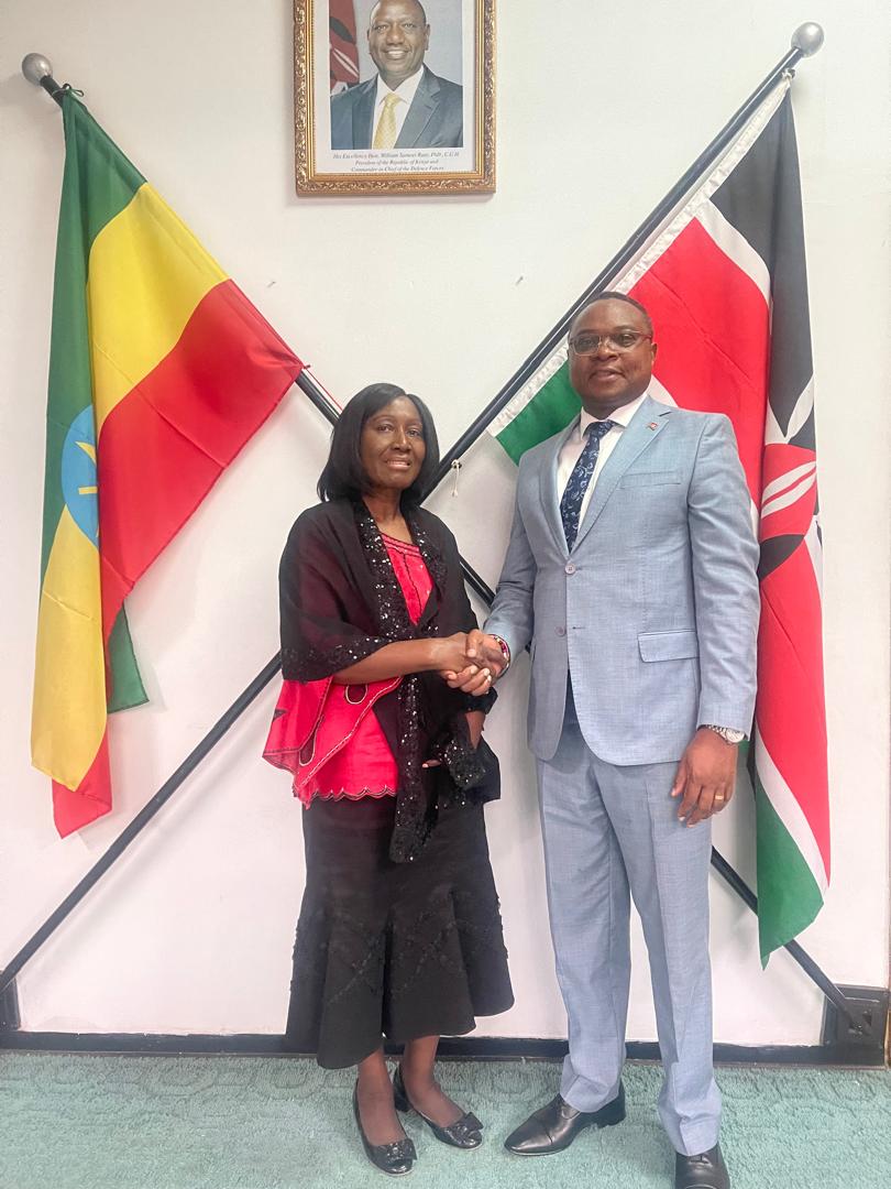 KenyaEmbAddis's tweet photo. H.E. George M. Orina, Ambassador/ Permanent Representative of the Republic of Kenya received  H.E. Louise Sharene Manaweh Bailey, Ambassador/Permanent Representative of the Republic of Liberia, who paid a courtesy call at the Kenya Embassy in Addis Ababa. /1 https://t.co/763MaXQ4xO