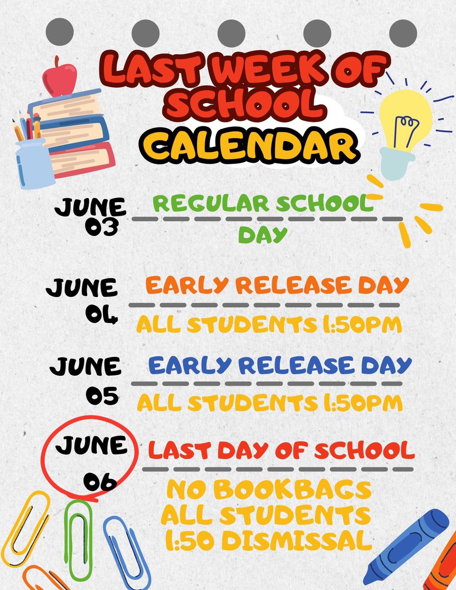 WJ Bryan Families, please be reminded that the schedule for the last three days of school is as follows. Please plan accordingly. Happy closing of schools! 🦁🏫😎