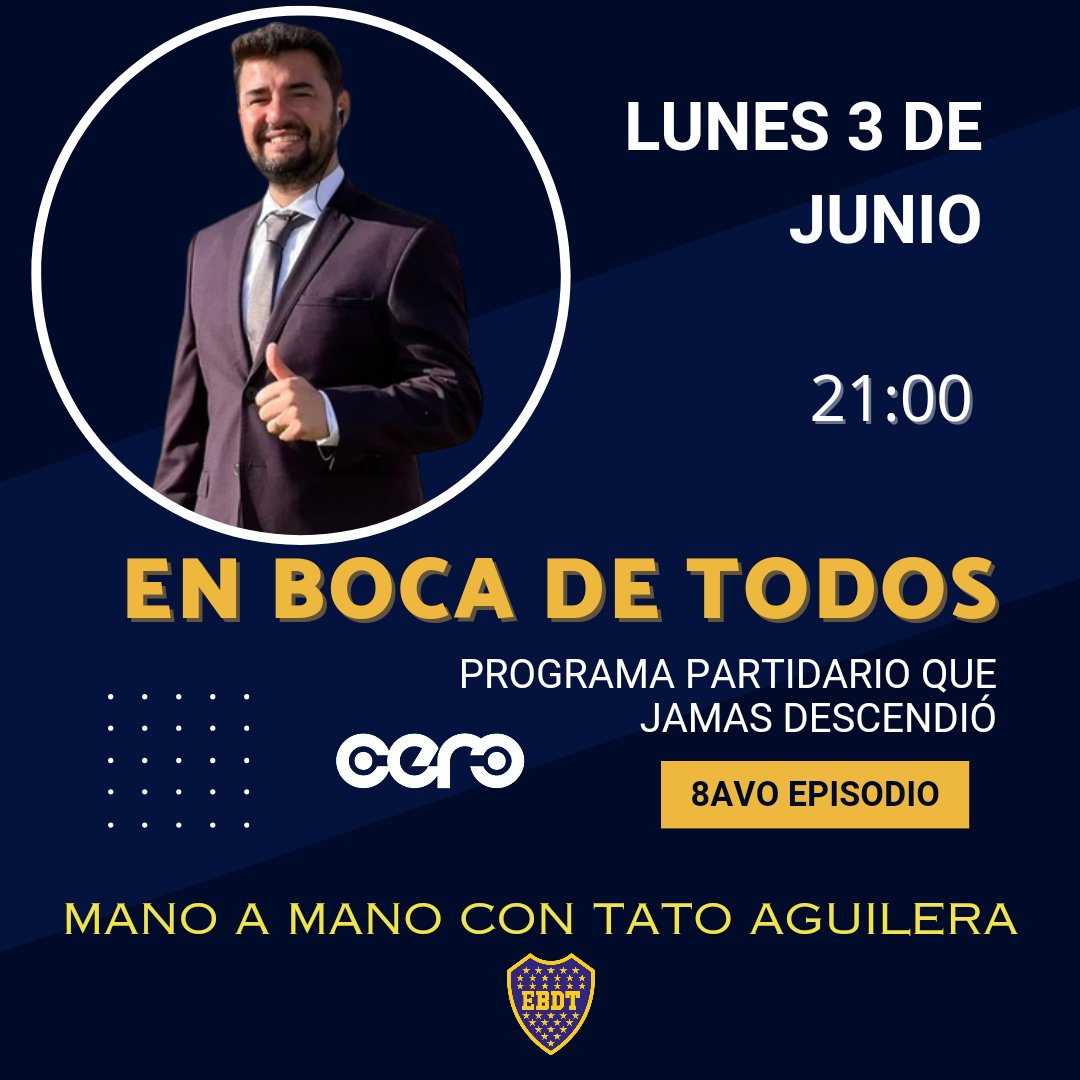 HOY PROGRAMÓN 

TATO VA A ESTAR DANDO NOTICIAS DEL MERCADO DE PASES Y HABLANDO DE BOCA 

YouTube.com/@ebdt1905

No sé lo pierdan