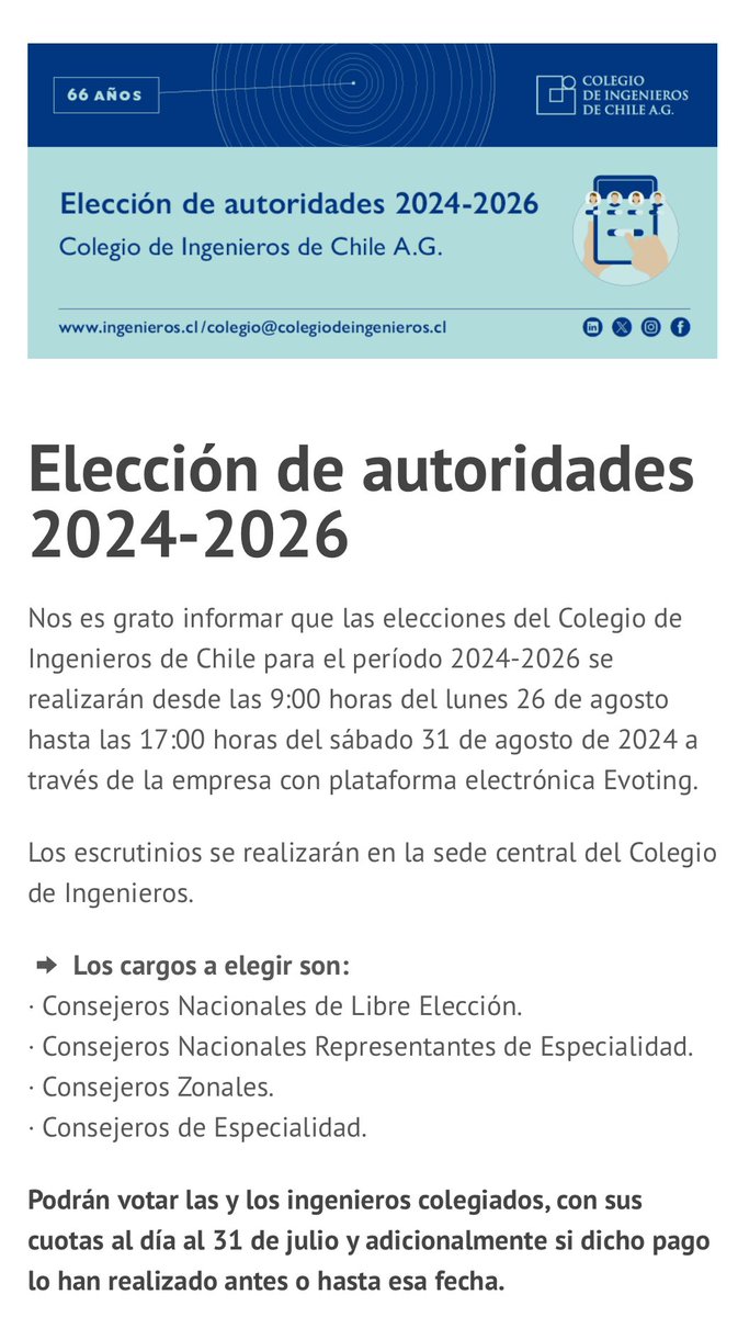 hdesolminihac's tweet photo. Pag web del Colegio @IngenierosCHILE 
https://t.co/OxjbMylyYj
informa que Elección Autoridades 2024-2026 será entre lunes 26  y sábado 31 agosto. Pero indica que para votar, las ingenieras y los ingenieros colegiados deben estar con sus cuotas al día al 31 de julio, un mes antes https://t.co/WQ8lTmeUKn
