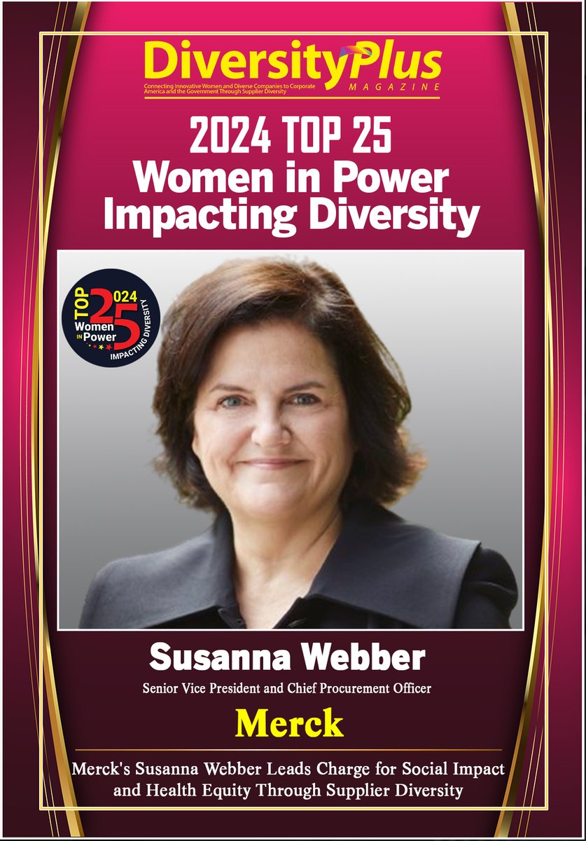 Congratulations to Susanna Webber, <a href="/Merck/">Merck</a> 's SVP and Chief Procurement Officer, for being named one of the 2024 Top 25 Women in Power Impacting Diversity! 

#HealthEquity #SupplierDiversity #Leadership #SocialImpact #Merck
diversityplus.com/web/Article.as…
