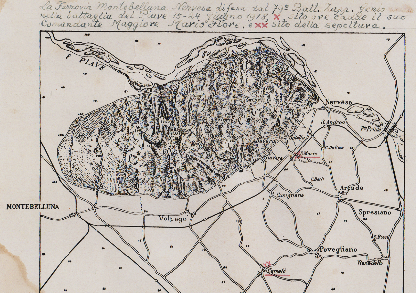 andyblanck1's tweet photo. #ww1map of #Montello with the Montebelluna - Nervesa railway line that was defended by the italian 79th sapper battalion in the battle of the #ww1Solstice, #ww1Piavefront.
X where Commander Mario Fiore fell
XX place of his burial. https://t.co/cB05ufvLw8