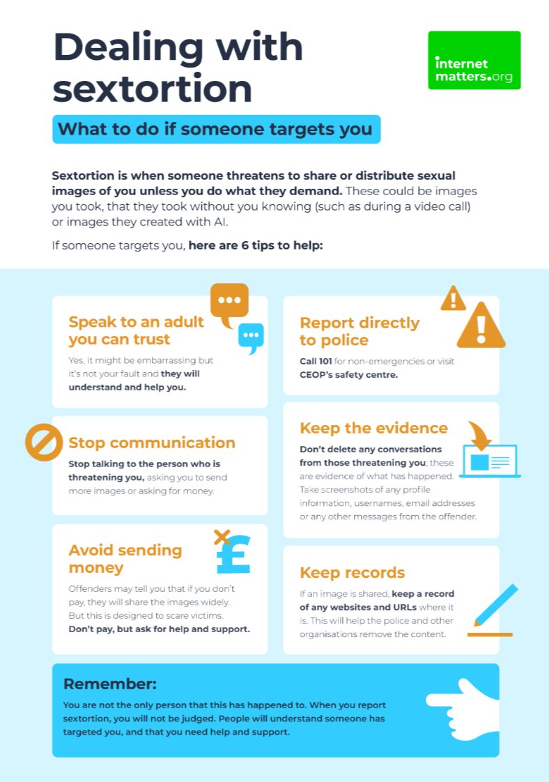 Internet Matters (@im_org) on Twitter photo #Sextortion is when someone threatens to share or distribute nude or semi-nude images of another person if they don’t do what is asked.
Young people have reported being sexually exploited in this way, so it's important to know how to take action.
bit.ly/48Einkw #Sextortion is when someone threatens to share or distribute nude or semi-nude images of another person if they don’t do what is asked.
Young people have reported being sexually exploited in this way, so it's important to know how to take action.
bit.ly/48Einkw