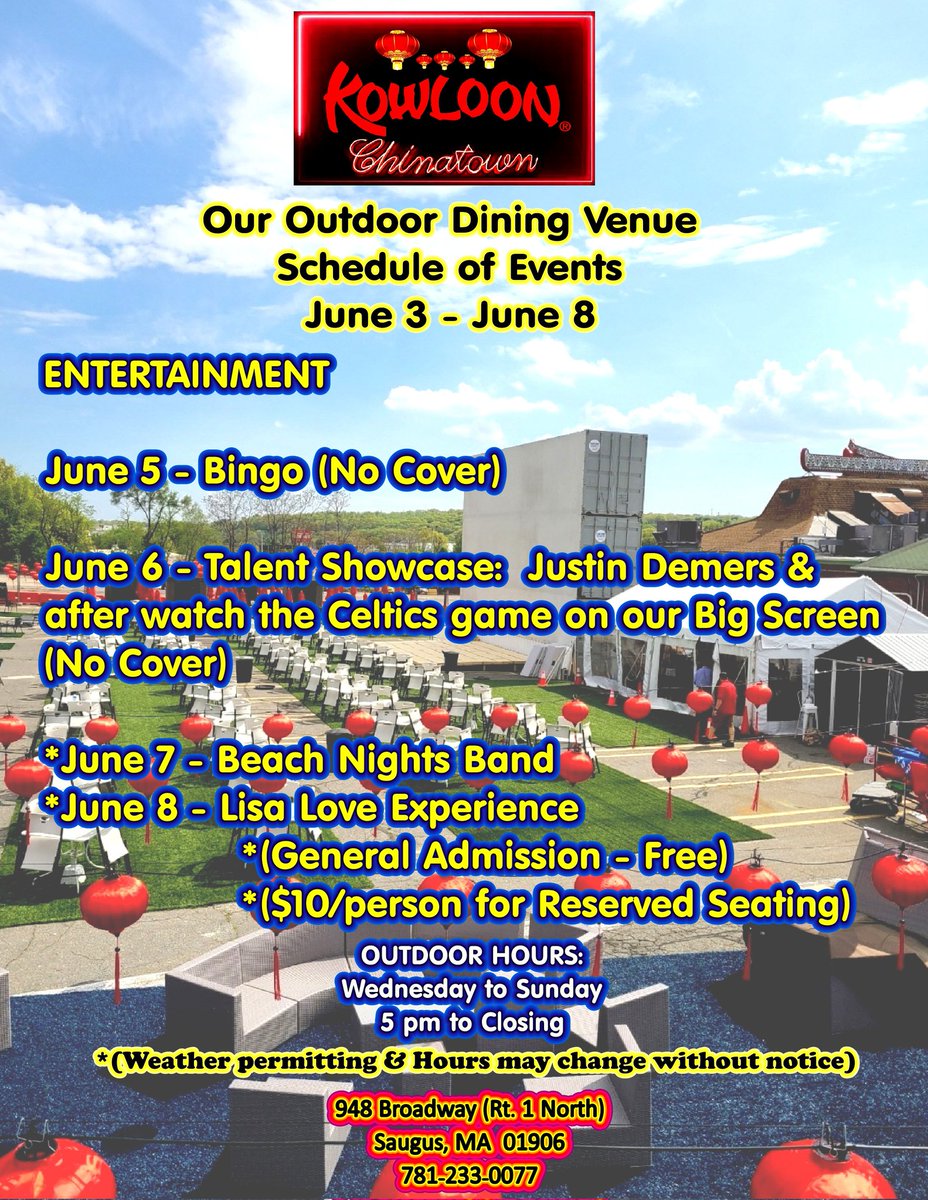 Kowloon Chinatown Schedule of Events for June 3 - June 8, 2024.

*Weather permitting and hours may change without notice