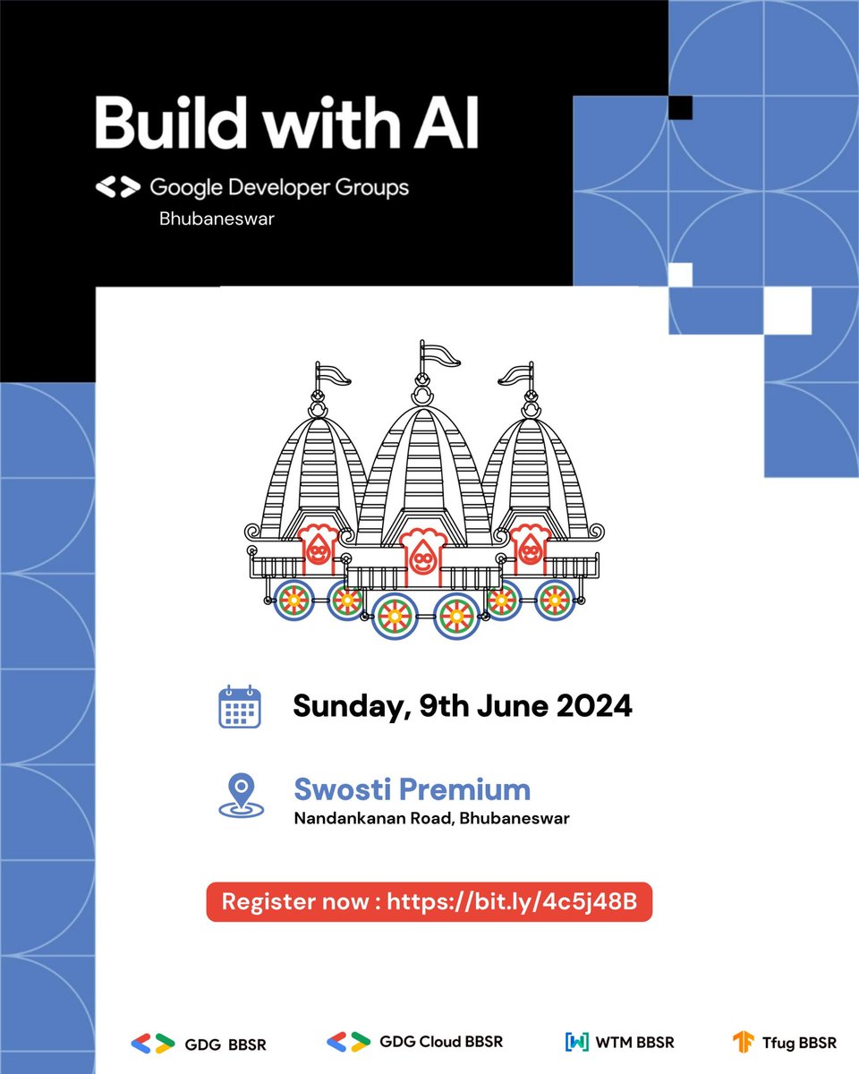 gdgbbsr's tweet image. Exciting news! 🚀 We&apos;re thrilled to announce the venue for our upcoming event — &quot;Build with AI&quot;. 

📍 Venue: Hotel Swosti Premium, Bhubaneswar. 
📅  Date: 9th June 2024, Sunday.
⭐ Register yourself at : bit.ly/4c5j48B

#BuildWithAI #gdgcloudbbsr #gdgbbsr #googlecloud